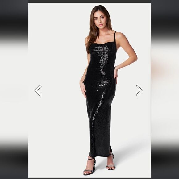 Bebe Cowl Neck Shimmer Maxi Dress Black Size M - Picture 1 of 10